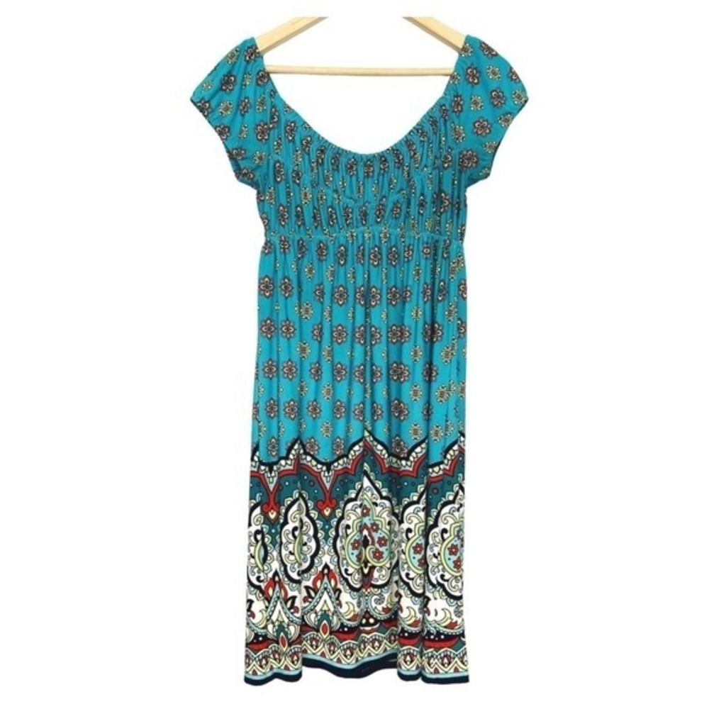 Muse Knit Pullover Dress Womens 4 Blue Paisley Print Stretch Milkmaid Bohemian